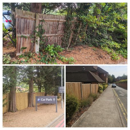 Fencing Fenced area with trees, pathways, and a car park sign in a residential setting.