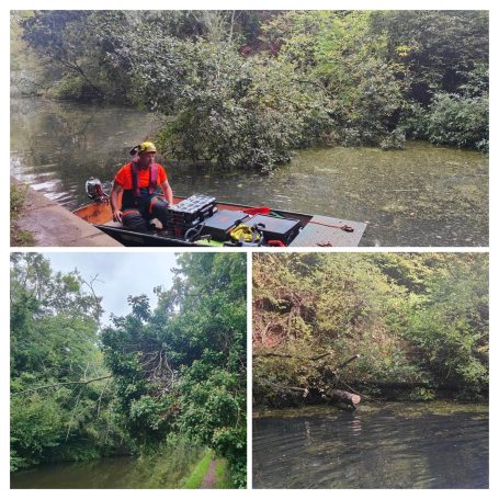 Wind fallen Tree Clearance A person in a boat on a calm, green river surrounded by lush vegetation.